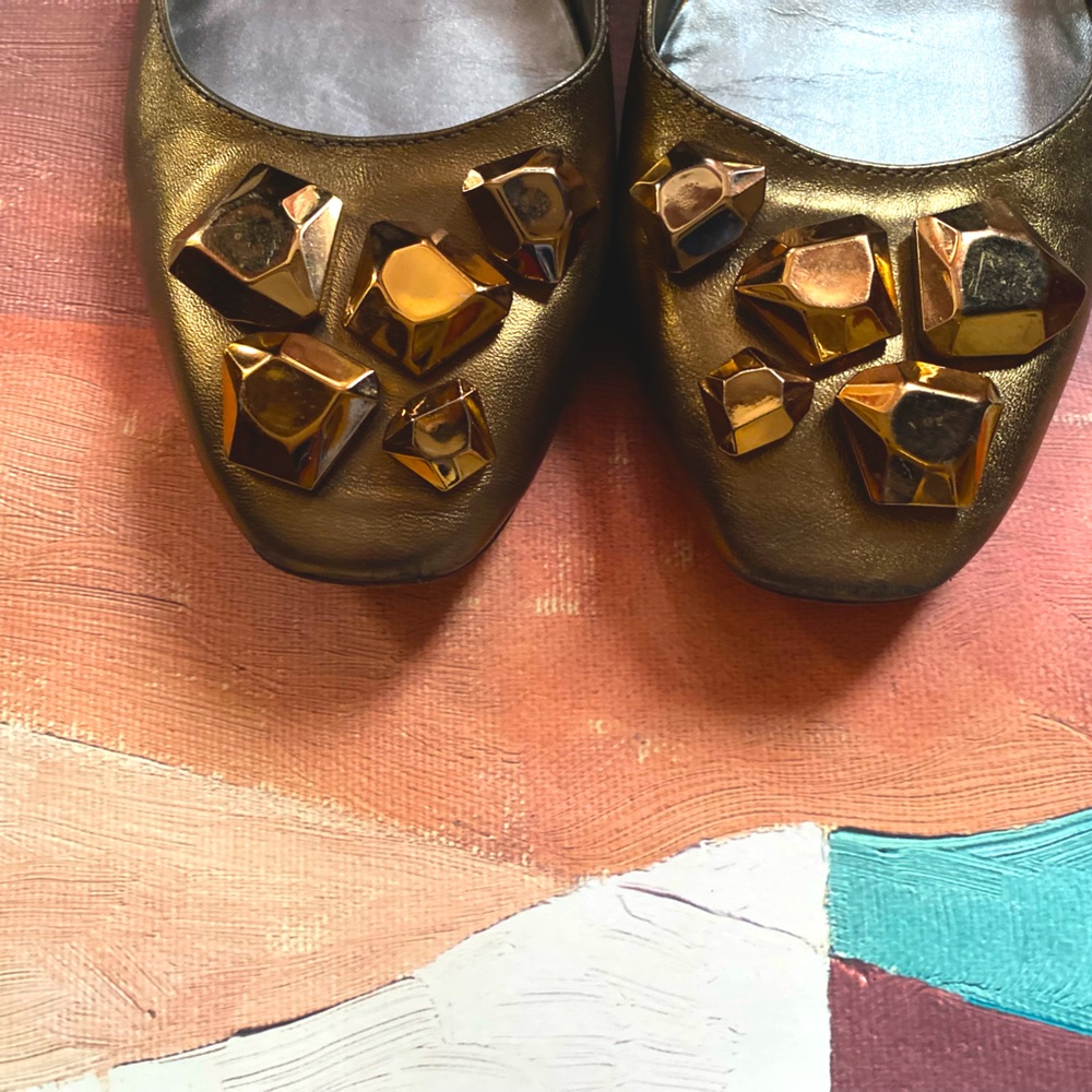 Diane von Furstenberg Mettalic Gold Jeweled Leather Flats Size 9.5M